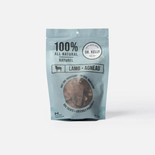 A bag of Dr. Kelly's 100% all-natural lamb dog treats, made with just one simple ingredient.