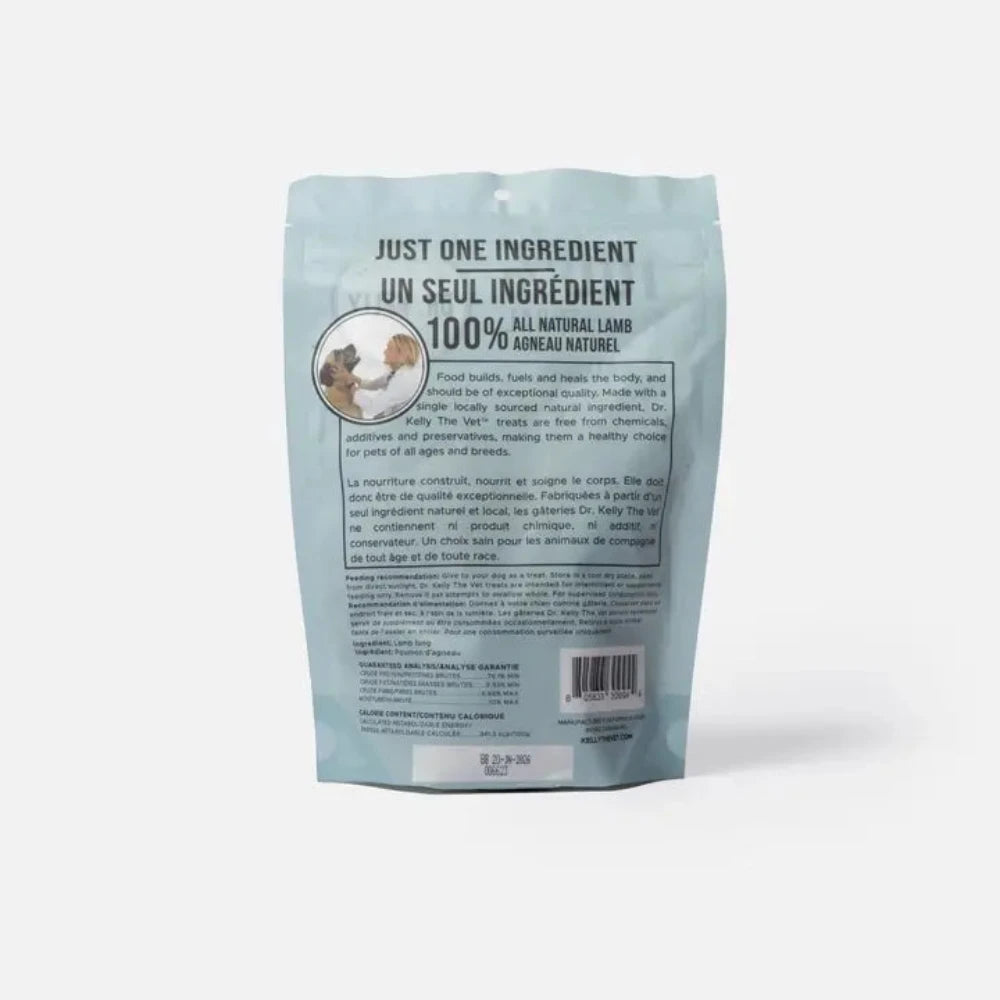 A close-up image of a bag of Dr. Kelly's lamb dog treats, highlighting the brand and product information.