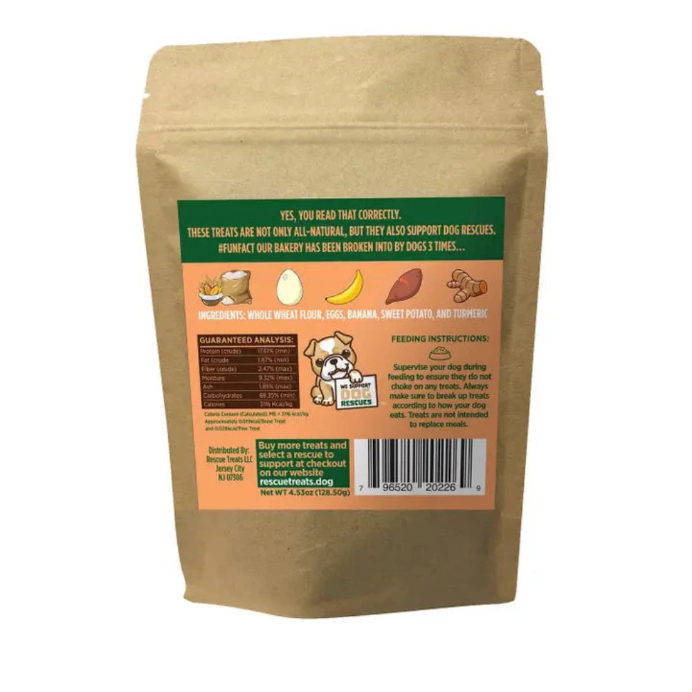 A bag of Rescue Treats Banana & Sweet Potato dog treats, with a paw print logo and information about supporting dog rescues.