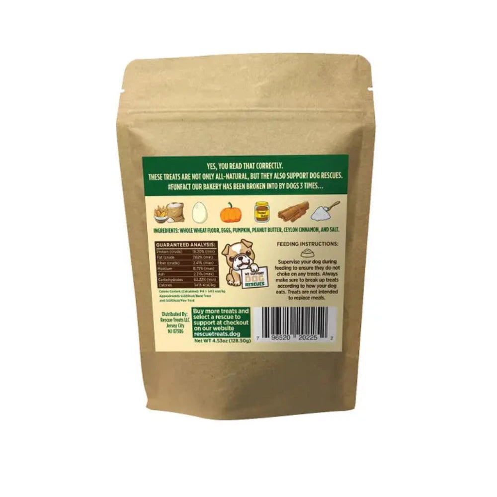 A bag of Rescue Treats Pumpkin & Peanut Butter dog treats, with a paw print logo and information about supporting dog rescues.
