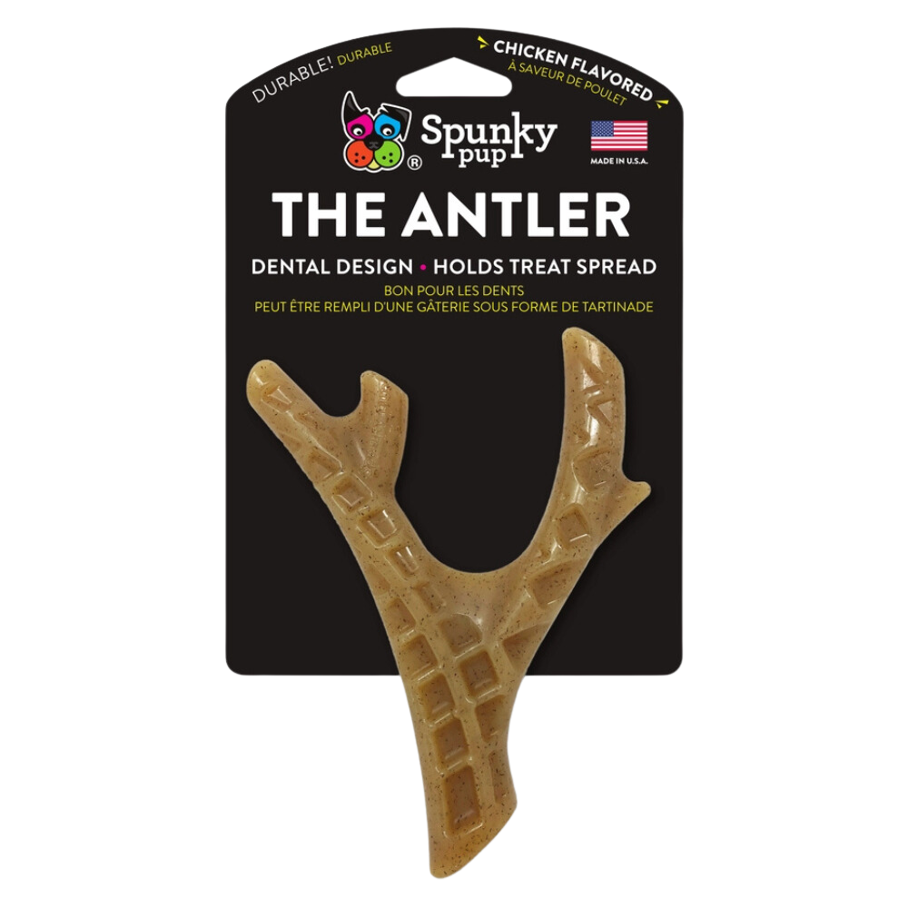 A durable, antler-shaped dog chew from Spunky Pup, designed to clean teeth and hold treat spreads.