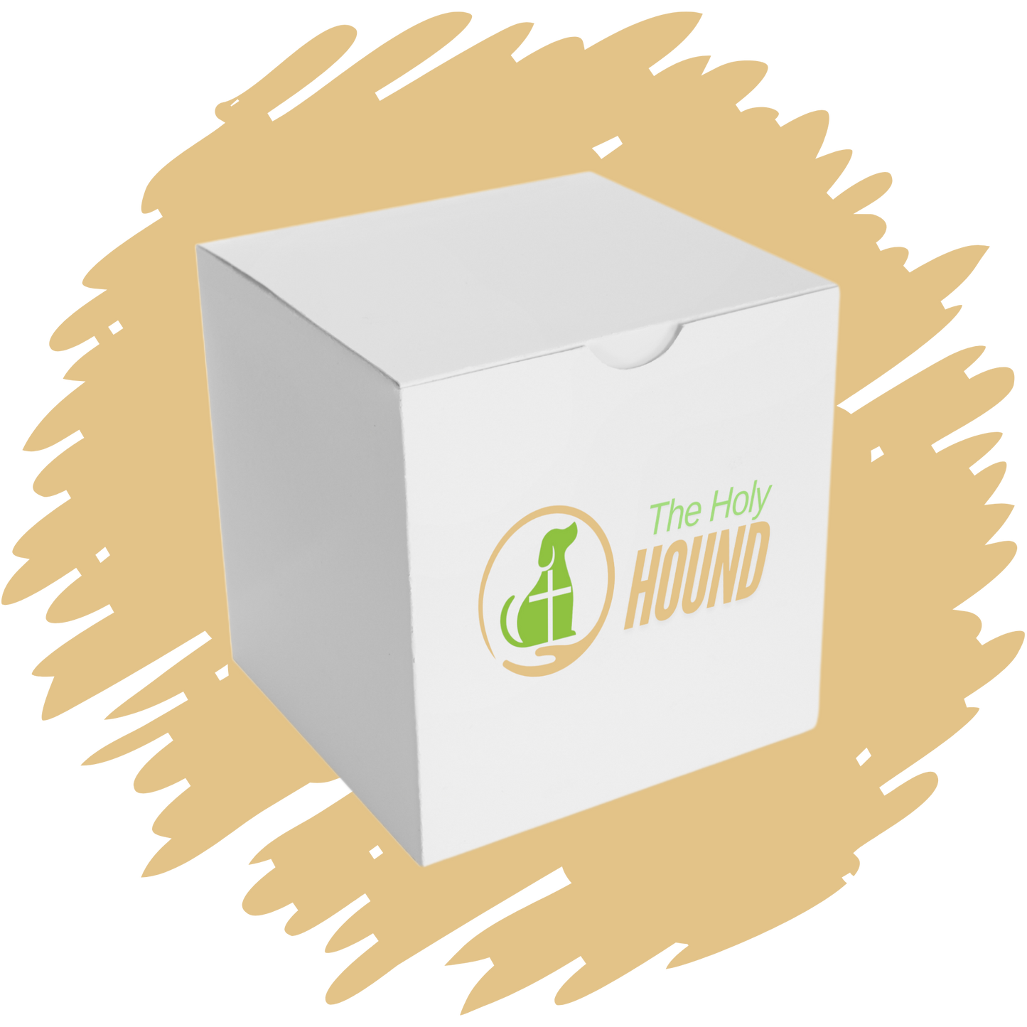 White shipping box with The Holy Hound logo
