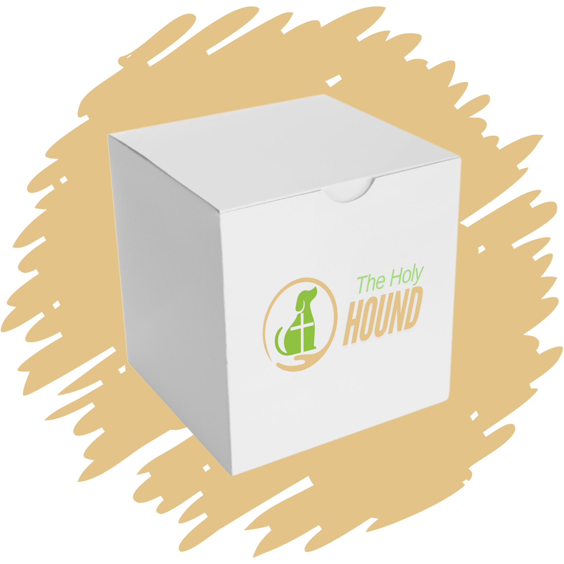 White shipping box with The Holy Hound logo